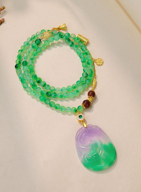 亚马逊热销仿春彩翡翠飘花如意项链国风缅甸a货男女款玉佩毛衣链