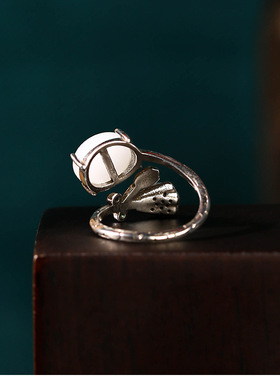 厂家直销国潮复古做旧泰银仿玉石高级感莲蓬戒指女气质指环闺蜜礼