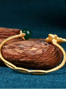 民族宫廷风手饰复古法镀金饰品镀金烧蓝天然玉髓荷叶手镯气质手环