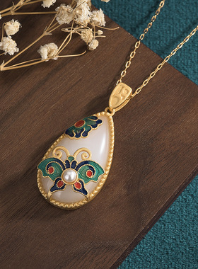 中国风旗袍汉服配饰 铜镀24K金镶嵌仿和田玉挂坠珐琅彩景泰蓝项链