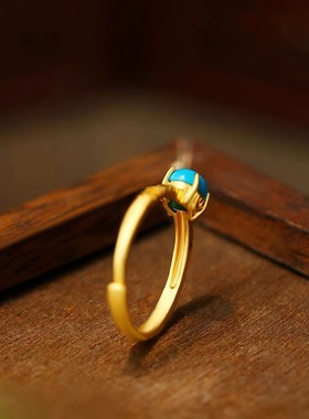 中式复古镀金戒指女中国风仿绿松石小巧简约小众开口指环国潮饰品
