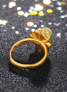 网红直播旗袍古装配饰汉服古法金工艺镶嵌二代蓝珀琥珀山茶花戒指