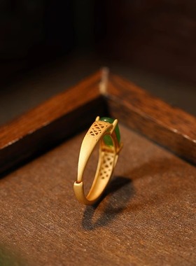 新中式古法镀金仿和田碧玉镂空个性开口指环时尚潮流戒指女马鞍戒