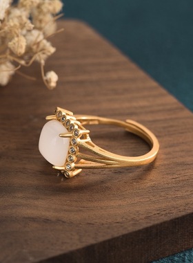 中国风宫廷风设计方形白玉玛瑙古法金女戒指古装汉服旗袍搭配饰品