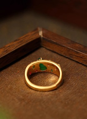 指环古法金工艺持久保色仿翡翠复古国风唐草纹福禄葫芦多宝戒指
