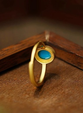 小红书爆款仿绿松石戒指女中古风光面彩宝指环时尚条纹设计食指戒