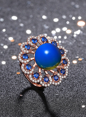 中国风旗袍配饰指环新款式夏季网红同款花卉镶钻二代合成蓝珀戒指