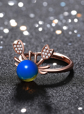 网红戒指汉服人造宝石玫瑰金多米加二代净水无杂质蓝珀小螃蟹指环