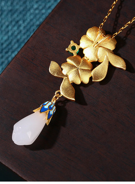 国潮设计项饰镀金珐琅彩绘花团锦簇玉兰花仿和田玉宫廷复古风项链