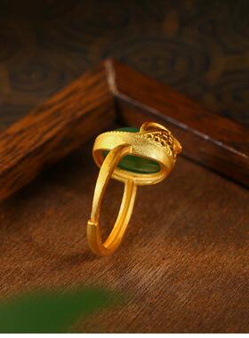 原创设计中国风古法镀金珐琅三生有幸杏叶小众高级轻奢仿玉石戒指