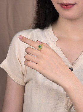 网红首饰宫廷汉服复古代风设计越南沙金皇冠女式指环镶嵌玉髓戒指