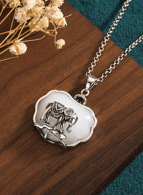 中国风复古装镀泰银镶嵌仿和田玉福象吉祥物挂坠宫廷汉服旗袍项链