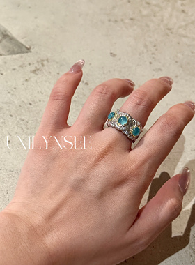 凌溪珠宝 | 小雏菊蓝玛瑙重工戒指中古风拉丝宽面轻奢小众银镀铑