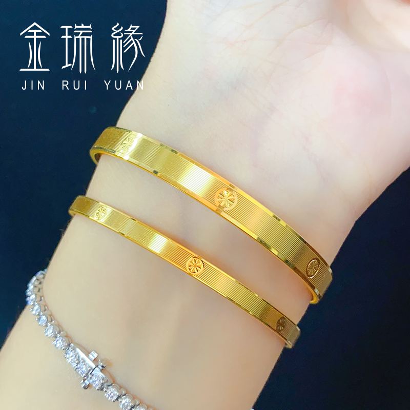 黄金车花手镯女款999足金时尚简约拉丝手环5D硬金轻奢百搭金镯子 - 图1