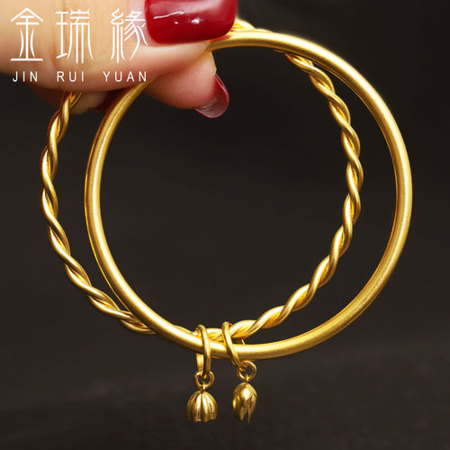 24K黄金古法手镯女 足金999麻花实心双层莲花莲蓬两世欢双圈叠戴 - 图0