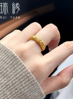 黄金镶嵌莫桑钻麦穗戒指点钻拉丝复古女戒编织麻花送女友生日礼物