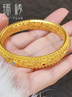足金999传承古法金花丝珐琅黄金手镯女实心金镯子生日礼物送老婆