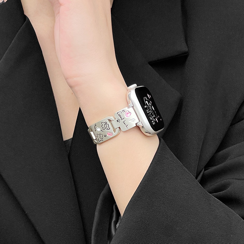 适用iwatch10表带S11苹果S9手表S8涂鸦小猫Applewatch s10金属链条SE3高级S6运动S5小众ultra3手镯链式替换带 - 图0