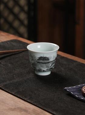 景德镇仿古瓷墨彩岳阳楼单杯主人杯客杯铃铛杯子功夫茶杯四大名楼