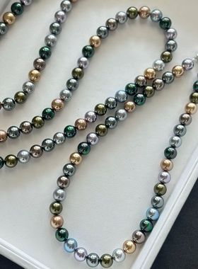 大溪地黑珍珠项链混彩莫兰迪美拉德正圆黑鲽皇 5A级进口施家珍珠