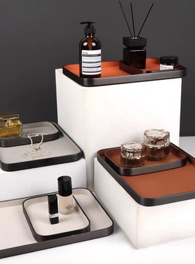 现代轻奢金属皮革收纳托盘摆件样板间卧室客厅茶几家居软装收纳