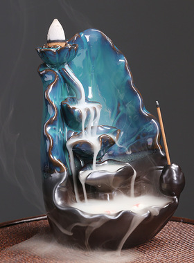 跨境亚马逊陶瓷荷花烟回流瀑布香炉创意蓝莲花倒流香薰炉家居