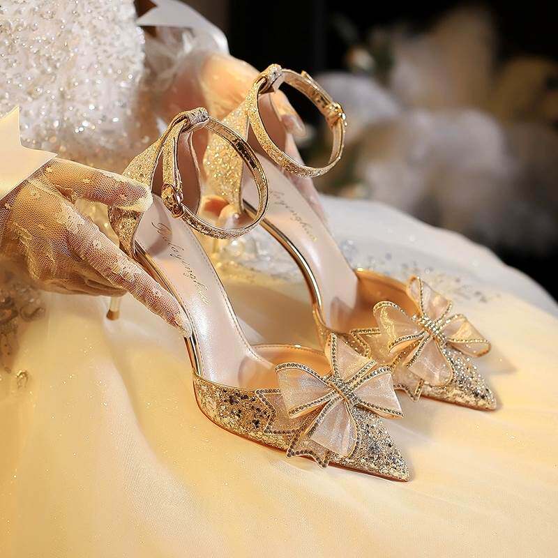 尖头包头凉鞋女2025新款仙女风配裙子新娘婚鞋夏季水钻水晶高跟鞋-图0