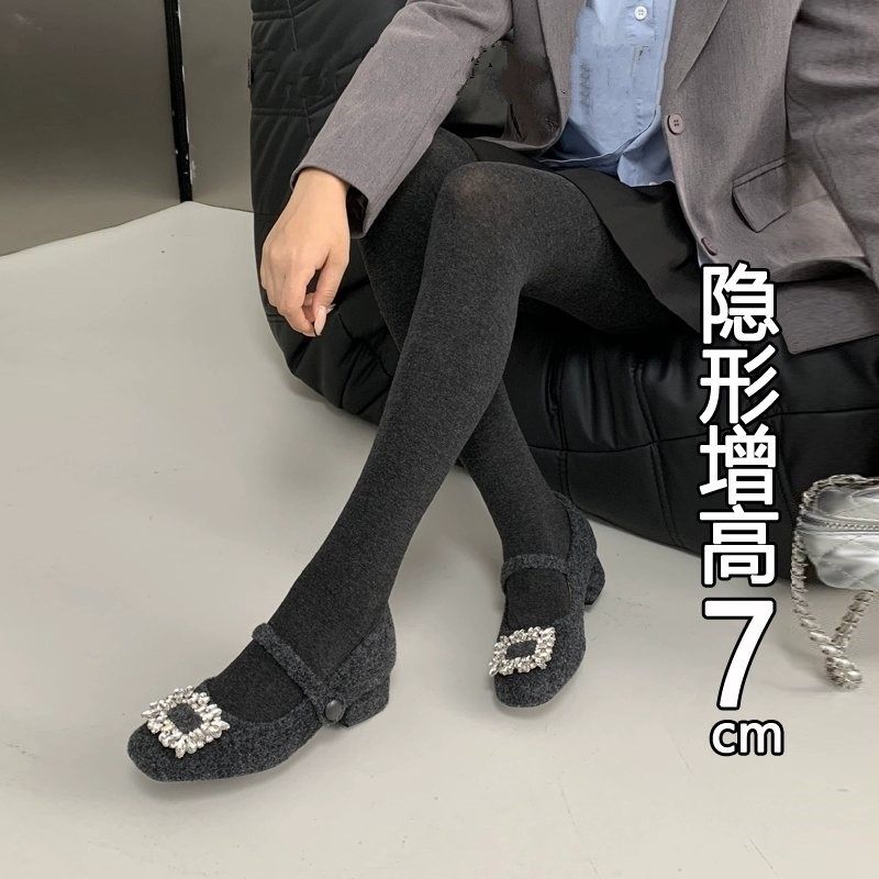 小个子7cm小香风方头水钻内增高毛毛鞋女秋冬加绒粗跟玛丽珍单鞋,淘宝优惠券,粉丝福利购,淘宝优惠卷