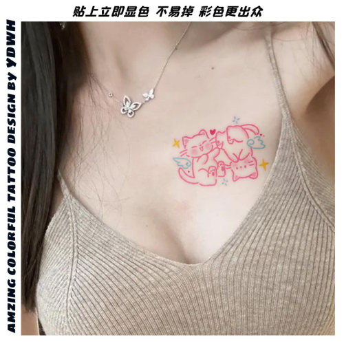 嬉戏猫咪纹身贴女防水持久彩色可爱tatto遮疤痕手臂卡通贴纸ins - 图0