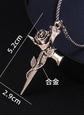 简约新款复古玫瑰花十字架项链男女小众设计百搭不锈钢气质挂链潮