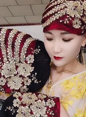 新女网红凤尾花拼接后花包头帽亮片洋气遮盖白发帽子回族帽子