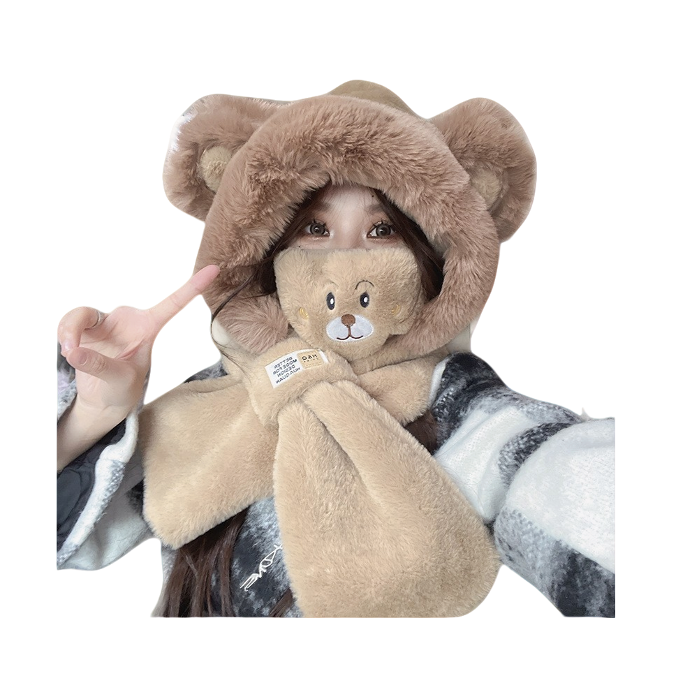 冬季帽子围巾一体女款加绒加厚可爱小熊保暖护耳滑雪帽冬天,淘宝优惠券,粉丝福利购,淘宝优惠卷