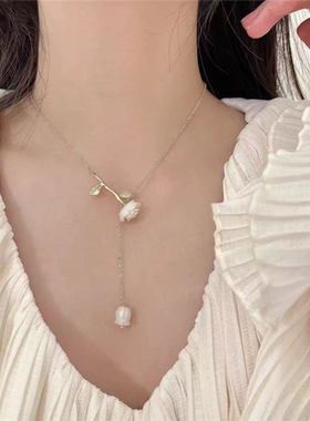 白色玫瑰花温柔风项链女新款超仙法式百搭项链小众设计感项链