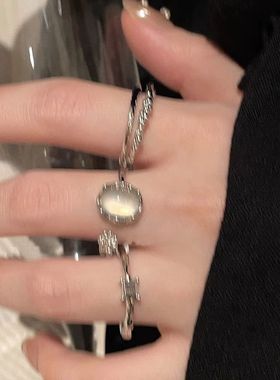 月光石锆石戒指女轻奢小众设计高级感食指戒个开口可调节指环