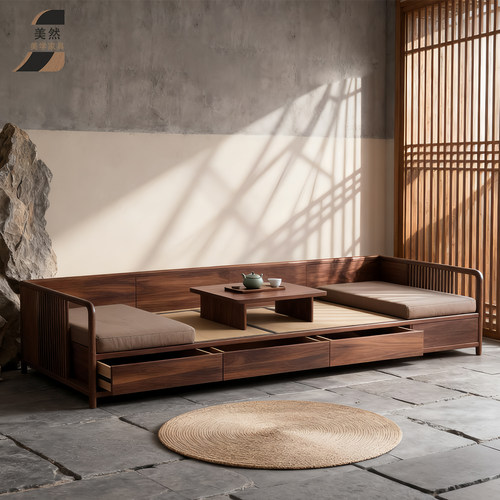 新中式北美黑胡桃木罗汉床客厅储物现代简约禅意直排实木罗汉沙发 - 图1