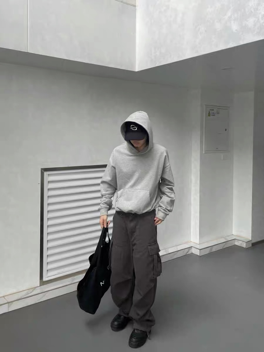 高克重基础Boxy灰色卫衣cleanfit短宽版型纯色连帽Hoodie帽衫男女