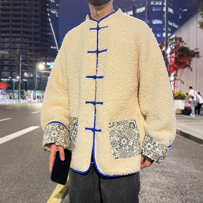 中国风复古盘扣羊羔毛男宽松棉服 腓尼基秀禾服