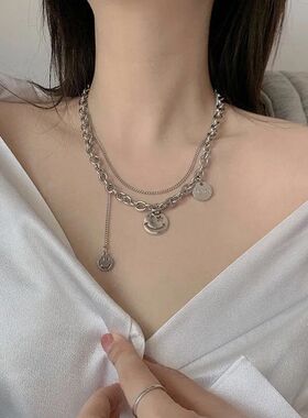 韩版双层嘻哈笑脸项链 网红ins冷淡风潮酷蹦迪钛钢不掉色锁骨链