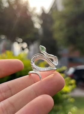 戒指单人蛇素戒指女粗胖手大号戒指女潮酷海蓝色石灵蛇开口指环