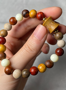 多宝民族风小单圈手串绿檀竹节雕刻六字木质佛珠手链饰品配饰礼物