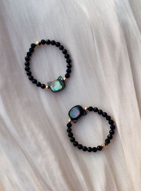 极细黑猫戒指日系水晶石黑水晶个珠串指环