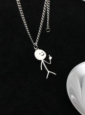 火柴人比心竖中指情侣款项链ins个可爱搞怪趣味钛钢项链