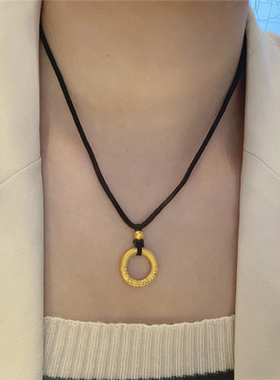祥云平安扣吊坠黄色镂空圆圈项链18k如意锁黑绳箍圈项链女