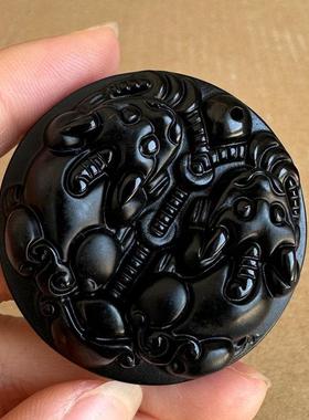 2026正宗黑曜石双貔貅吊坠 男女款圆形公母一对貔貅守库保财皮丘