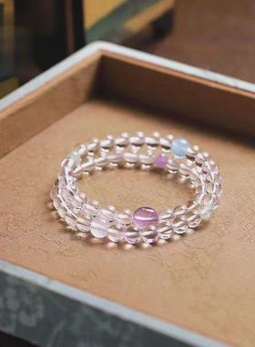 2026天然6mm白水晶搭配紫水晶海蓝宝配珠多圈手链女夏日清新生日