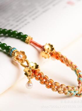 2026藏式小清新吊坠绳手工编织桃花结脖挂项链珍珠手绘唐卡扎基拉