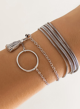 欧美跨境饰品 朋克风嘻哈细链条多层手镯 几何圆环百搭流苏手链女