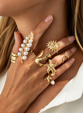 欧美跨境个性不规则海星太阳戒指