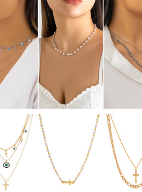 欧美跨境饰品复古珍珠链条十字架