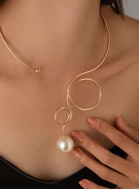 欧美跨境饰品朋克金属素圈蝴蝶结项圈女甜酷水滴仿珍珠choker项链